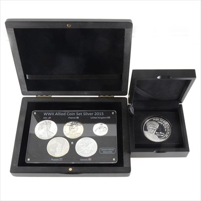 Lot 183 - Silver proof commemorative medallion 'Special Air Service Colonel Sir David Stirling 1915', cased, and a WWII allied coin set 2015 silver proof set, cased.