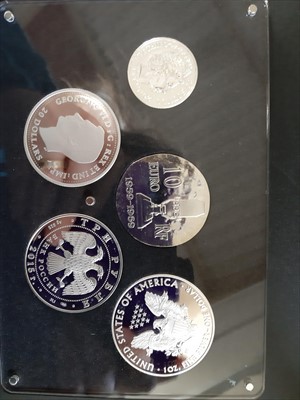Lot 183 - Silver proof commemorative medallion 'Special Air Service Colonel Sir David Stirling 1915', cased, and a WWII allied coin set 2015 silver proof set, cased.