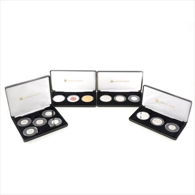 Lot 182 - Three £5 silver coin proof sets from the Jubilee Mint, and a 100th anniversary of the The House of Windsor silver proof £1 coin collection, cased.