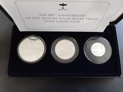 Lot 182 - Three £5 silver coin proof sets from the Jubilee Mint, and a 100th anniversary of the The House of Windsor silver proof £1 coin collection, cased.