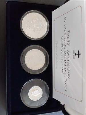 Lot 182 - Three £5 silver coin proof sets from the Jubilee Mint, and a 100th anniversary of the The House of Windsor silver proof £1 coin collection, cased.