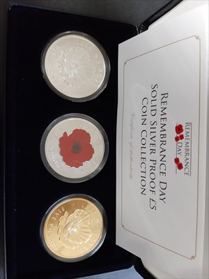 Lot 182 - Three £5 silver coin proof sets from the Jubilee Mint, and a 100th anniversary of the The House of Windsor silver proof £1 coin collection, cased.