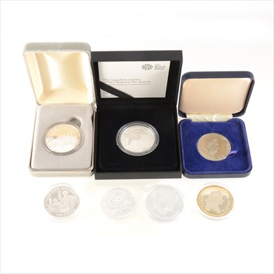 Lot 181 - Seven silver commemorative coins, Including the Sapphire Jubilee of Her Majesty the Queen 2017 £5 silver proof set, cased, etc.