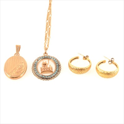 Lot 225 - A collection of gold and yellow metal jewellery, locket, earrings, pendant, chain.