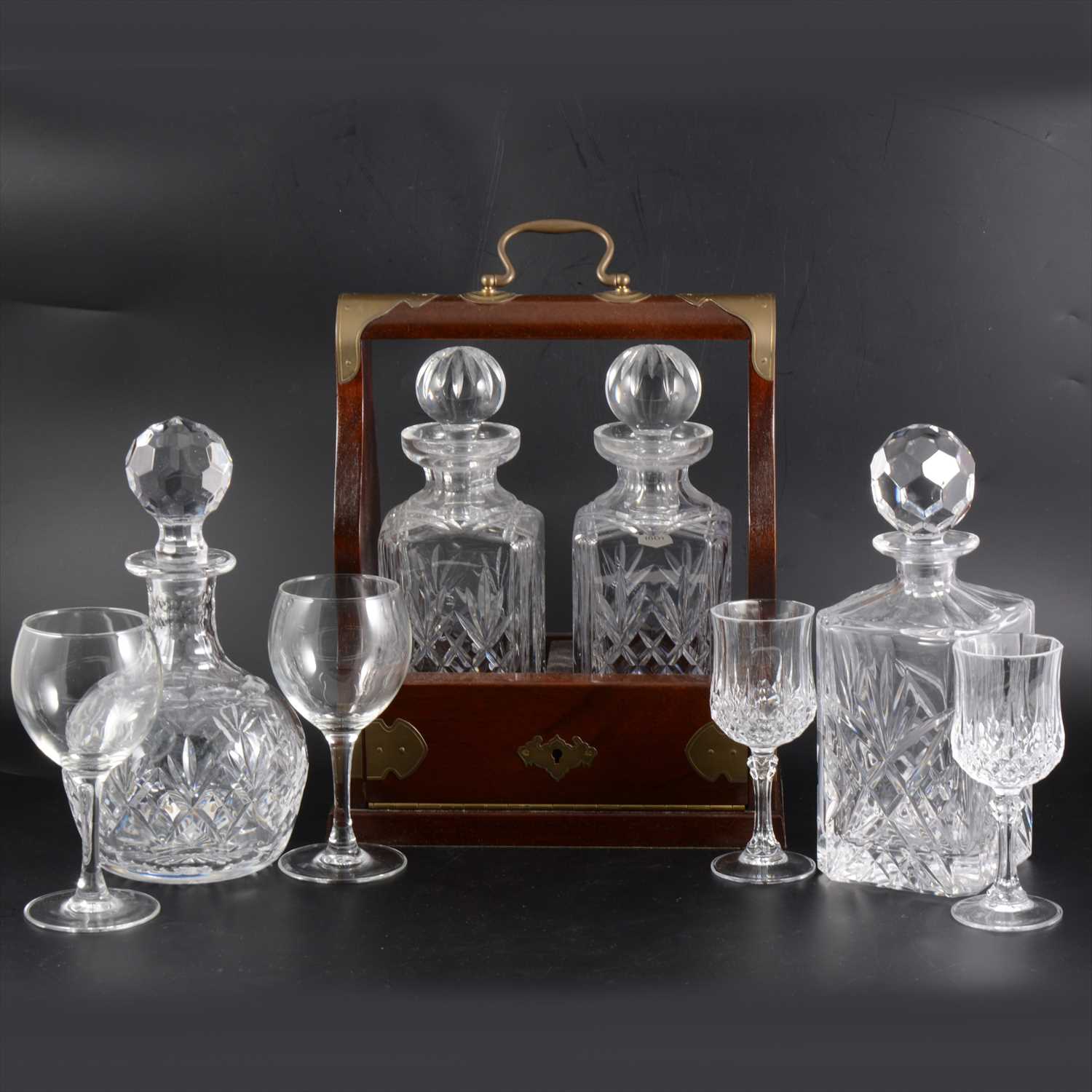 Lot 76 - Modern two bottle tantalus with Stuart Crystal decanters, and a small quantity of cut-glass tableware.