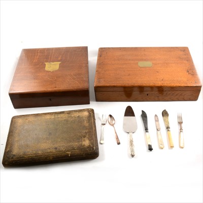 Lot 96 - Five vacant canteens of cutlery, a modern canteen of silver-plated cutlery, an oak canteen of cutlery, and quantity of loose flatware.