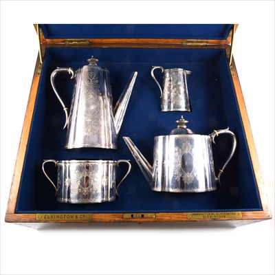 Lot 300 - Victorian plated four-piece teaset  by Elkington & Co, in original presentation oak case