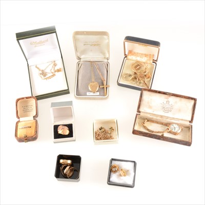 Lot 218 - A collection of modern and vintage gold jewellery, pendants, chains, rings, earrings and a lady's Audax wrist watch.