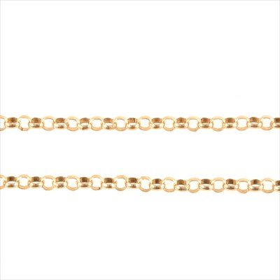 Lot 222 - A 9 carat yellow gold 4mm gauge circular belcher link chain necklace.