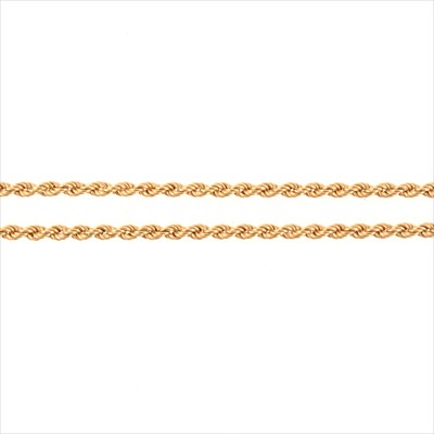 Lot 221 - A yellow metal 3mm gauge rope link chain necklace.