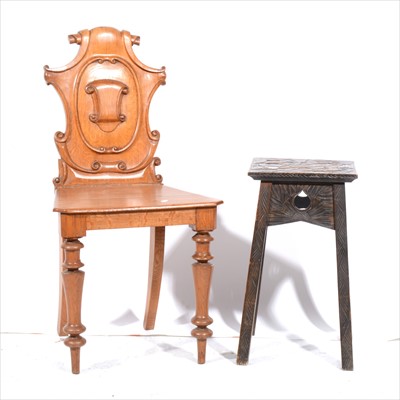 Lot 430 - A Victorian oak hall chair, and an Eastern carved wood stand