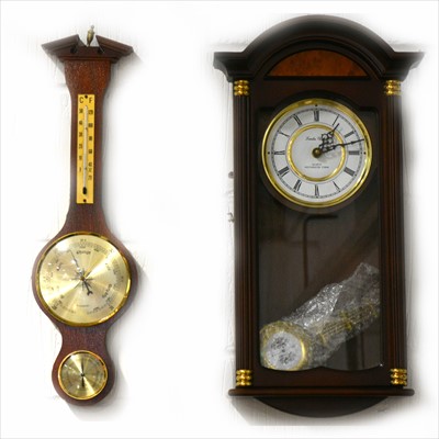 Lot 475 - Modern mahogany London Clock Co. quartz wall clock, and a modern barometer