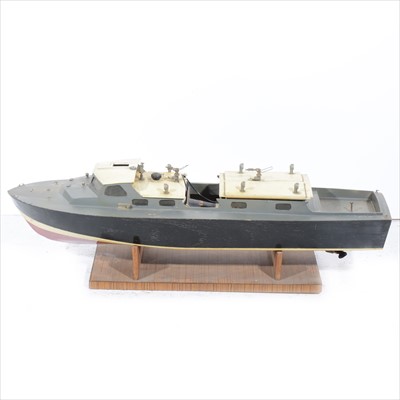 Lot 213 - Scratch built model cruiser boat with 6v electric engine, wooden construction, with power packs, Varispeed motor control board, and stand, length 91cm.