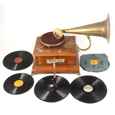 Lot 257 - Leophone gramophone record player, with horn, handle and side glass panels.