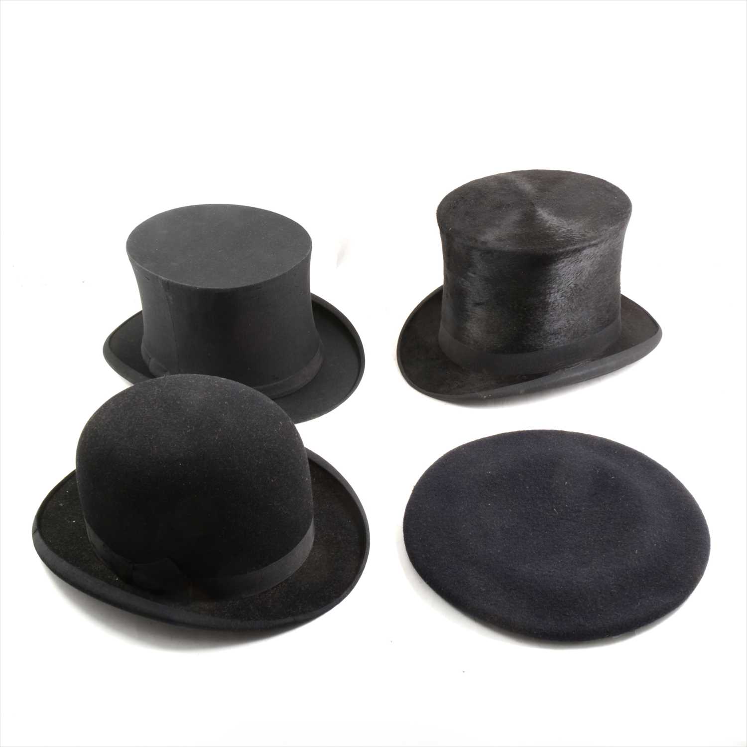 Lot 120 - Stitched leather top hat box, stamped H B Foster, two top hats, bowler hat, etc