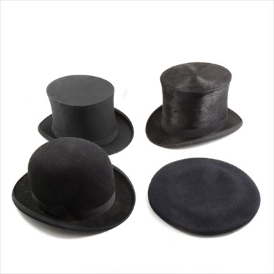 Lot 120A - Stitched leather top hat box, stamped H B Foster, two top hats, bowler hat, etc