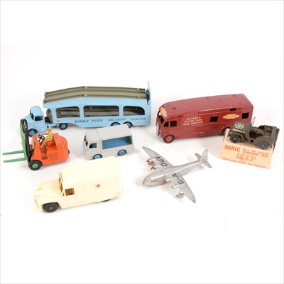 Lot 120 - Seven Dinky and Tri-ang toys, including Pullmore car transporter and Jeep, etc.