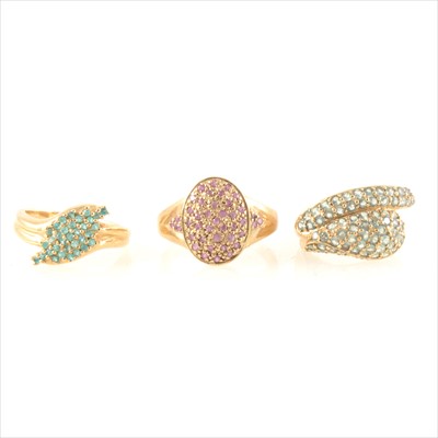Lot 200 - Three gemset cluster dress rings, to include alexandrite, sapphire and tourmaline.