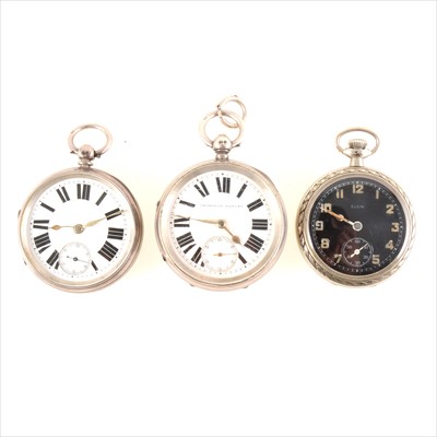 Lot 261 - Two silver open faced pocket watches and a metal Elgin pocket watch