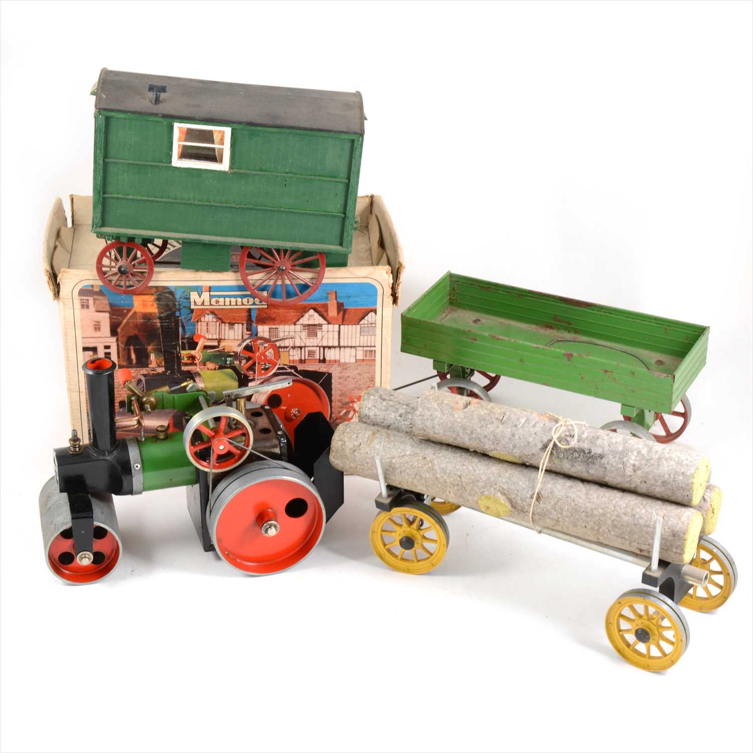 Lot 29 - Mamod live steam; SR1A steam roller model, boxed, two trailer and a Gypsy type wagon.