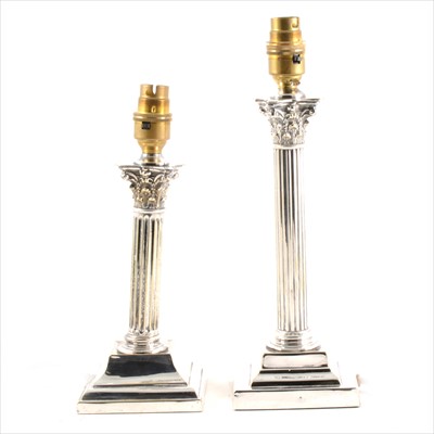 Lot 118 - Two silver plated table lamps converted from candle sticks.