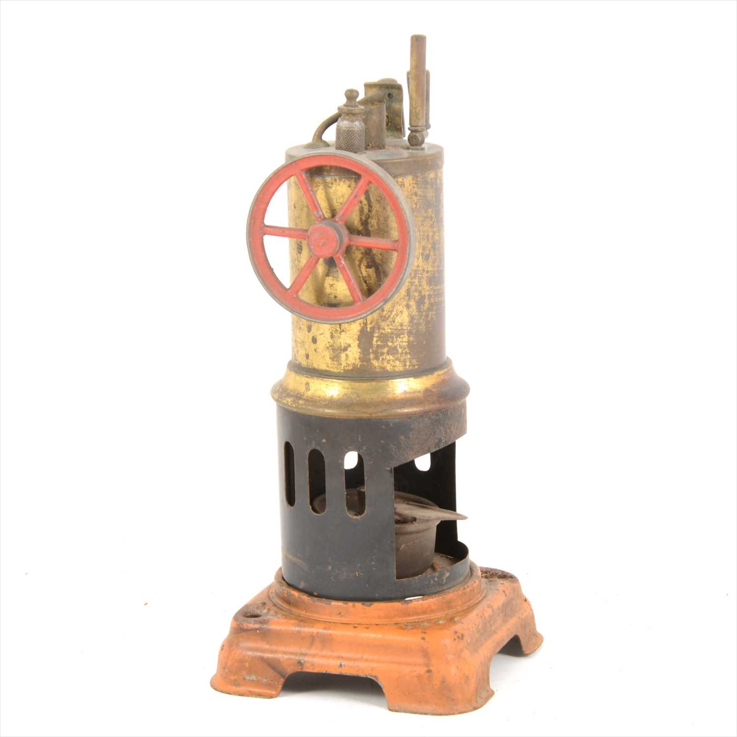 Lot 14 - A German made vertical single cylinder live steam stationary engine, with burner, (no chimney), 21cm tall.
