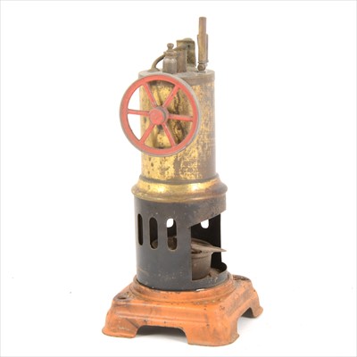 Lot 14 - A German made vertical single cylinder live steam stationary engine, with burner, (no chimney), 21cm tall.