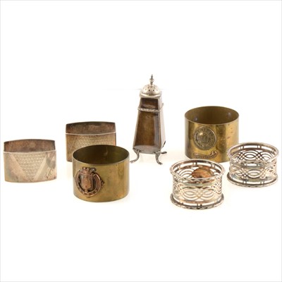 Lot 266 - Two pairs of silver napkin rings , a mustard pot, two military metal napkin rings.