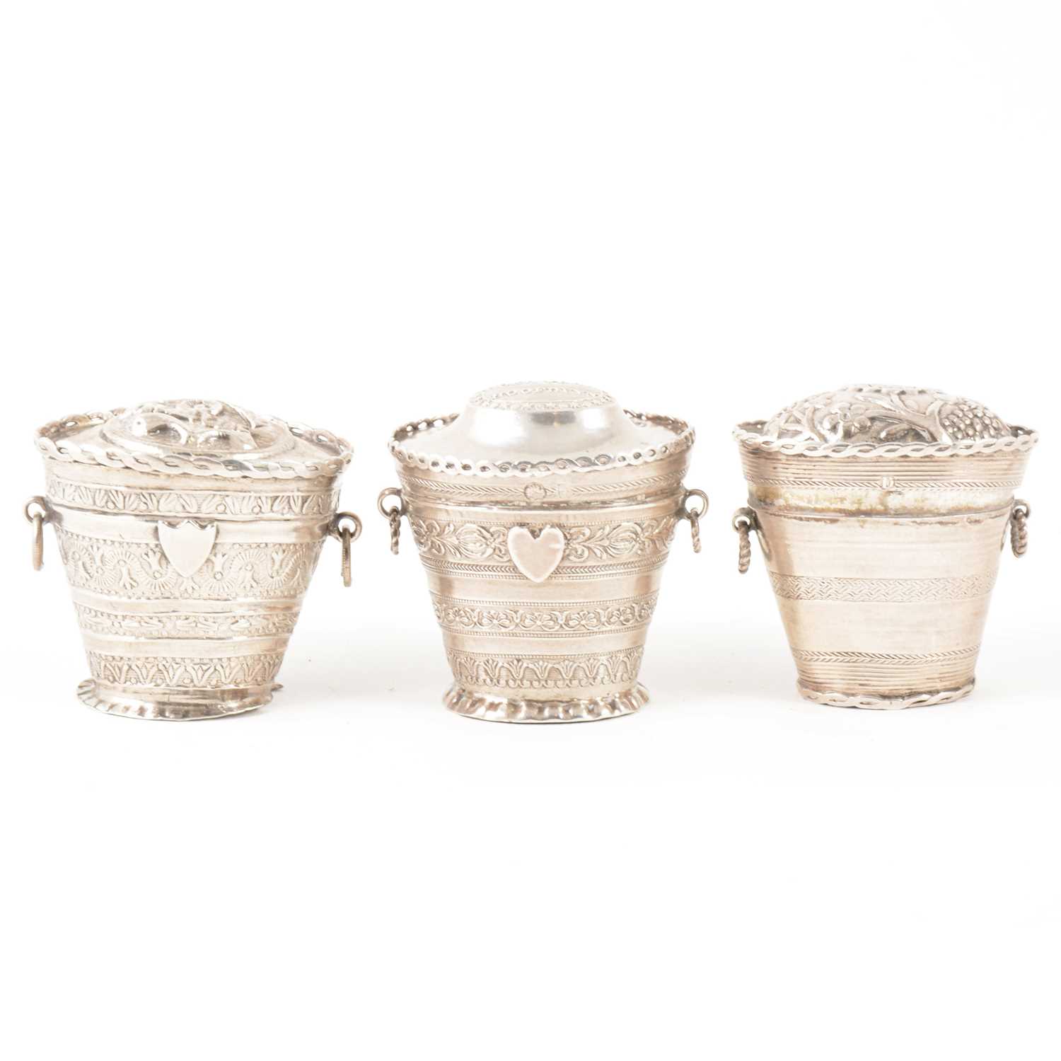 Lot 255 - Three Dutch silver pail-shape pill boxes, probably late 19th century