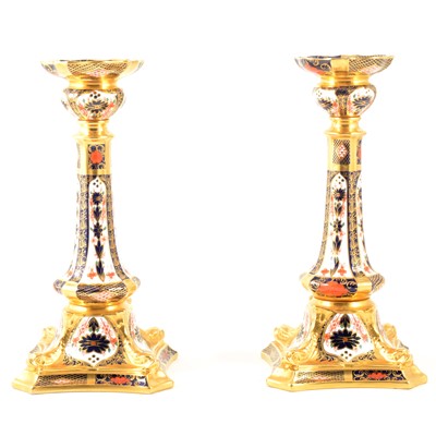 Lot 377 - A pair of Royal Crown Derby silver-shape candlesticks, 1976