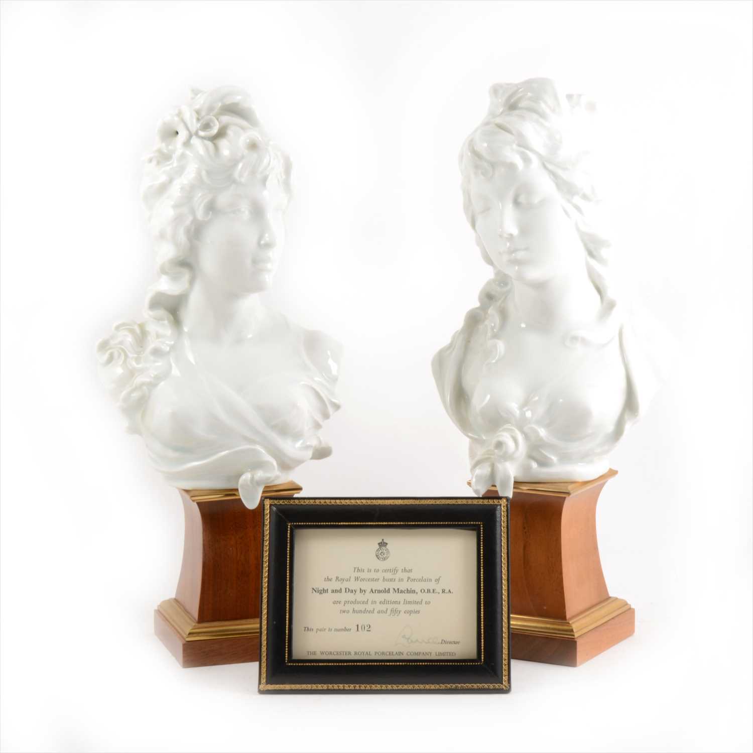 Lot 12 - A pair of Royal Worcester glazed busts modelled by Arnold Machin O.B.E.,.  R.A. "Night and Day."