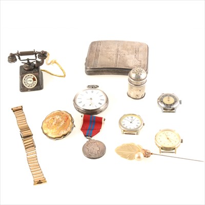 Lot 235 - A tray of collectables, to include a silver open face pocket watch, cigarette case etc