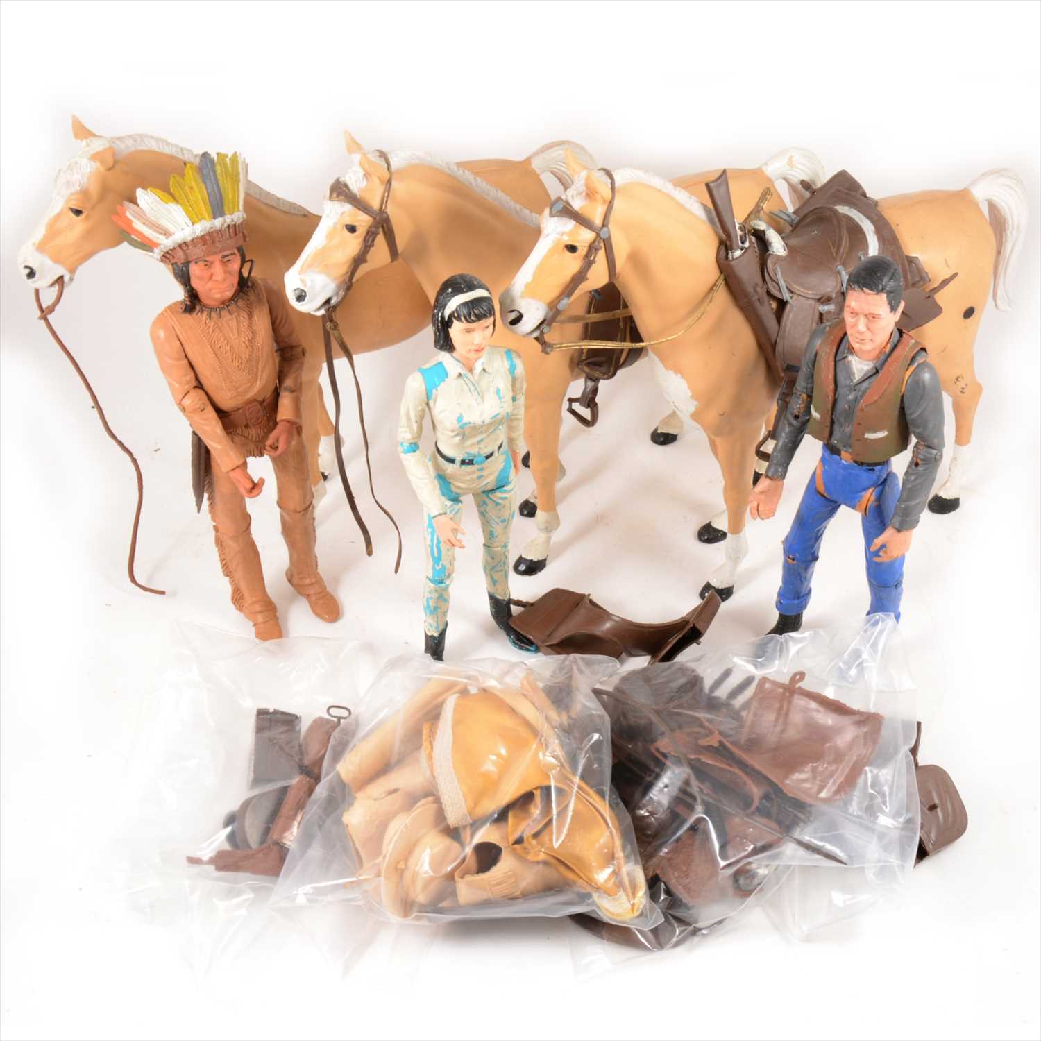 Lot 342 - Louis Marx Toys; Lone ranger figures and horses, including, Jonny West, Jane West, Chief Cherokee Indian 'Geronimo', etc.