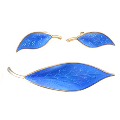 Lot 1246 - A David Anderson of Norway blue enamel leaf brooch and pair of ear clips.