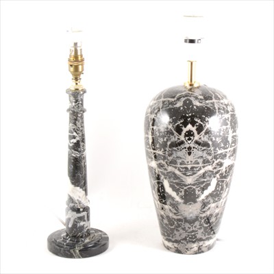 Lot 325A - Two black and grey table lamps - one marble and one ceramic, 33cm, 35cm.