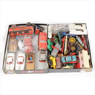 Lot 137 - Corgi and Matchbox die-cast model cars and vehicles; two trays of loose playworn examples