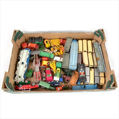 Lot 128 - Two trays of loose playworn diecast models and vehicles, Dinky, Corgi etc.