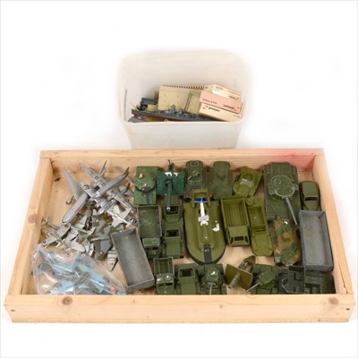 Lot 148 - Die-cast Military models and vehicles; loose selection of playworn examples mostly by Dinky Toys, and tub of Minic Ships