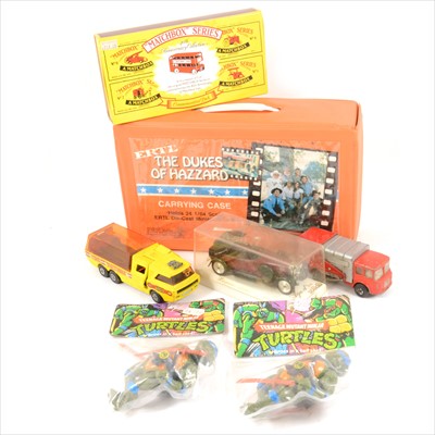 Lot 191 - One box of die-cast models and cars; including an Ertl 'The Dukes of Hazzard' carry case, Teenage Mutant Ninja Turtles made in Taiwan etc