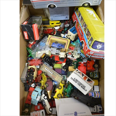 Lot 191 - One box of die-cast models and cars; including an Ertl 'The Dukes of Hazzard' carry case, Teenage Mutant Ninja Turtles made in Taiwan etc