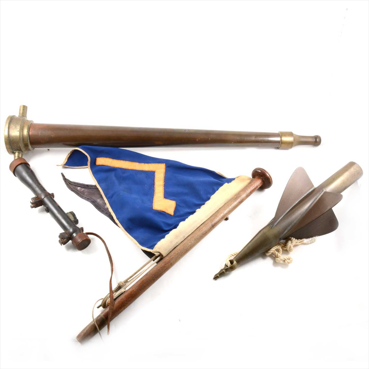 Lot 70 - Box of military and fire related items, including late copper and brass hose attachment