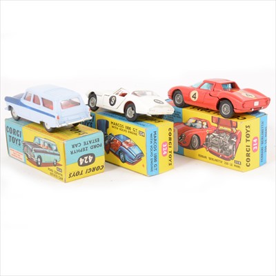Lot 176 - Corgi Toys; three including no.424 Ford Zephyr Estate car, no.314 Ferrari 'Berlinetta' 250 Le Mans, no.324 Marcos 1800 GT with Volvo engine, all in original boxes.
