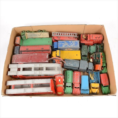 Lot 136 - Dinky Toys loose playworn models; one tray including no.984 Auto Service car carrier and trailer, Foden Regent petrol tanker etc.