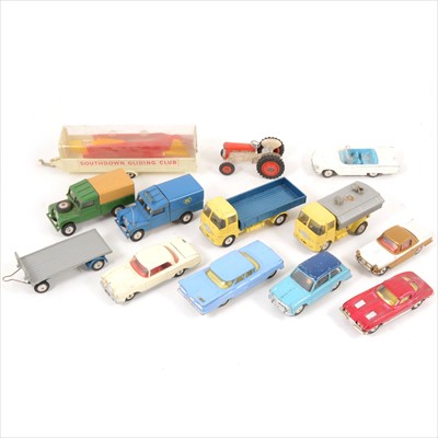 Lot 147 - Corgi and Dinky Toys; thirteen loose die-cast models including Glider and trailer, Ford Thunderbird, etc