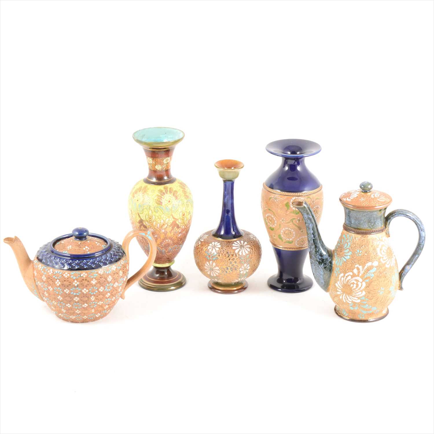 Lot 84 - Seven items of Doulton Slater's Patent stoneware, including vases, teapots, and a bowl