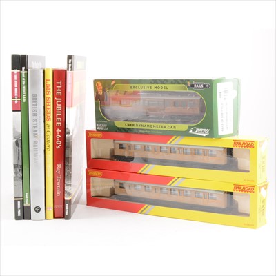 Lot 80 - Three OO gauge model railway coaches, Hornby and others, and a small selection of Railway books
