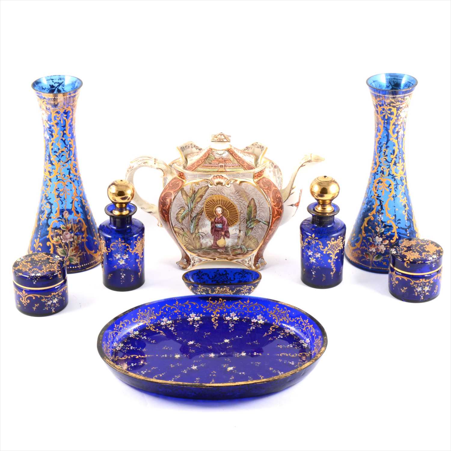Lot 22 - A blue glass and enamelled dressing table set, pair of matching vases...