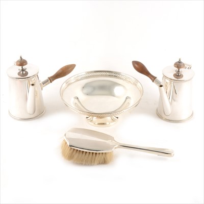 Lot 173 - A circular silver comport, Walker & Hall, Sheffield 1926, silver-backed hairbrushes and two plated coffee pots