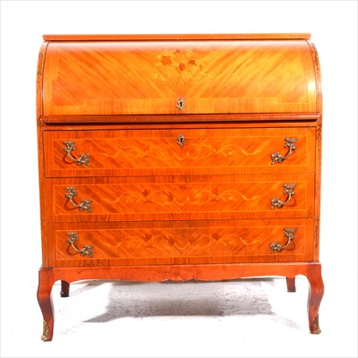 Lot 289 - French style veneered Kingwood and marquetry cylinder front bureau