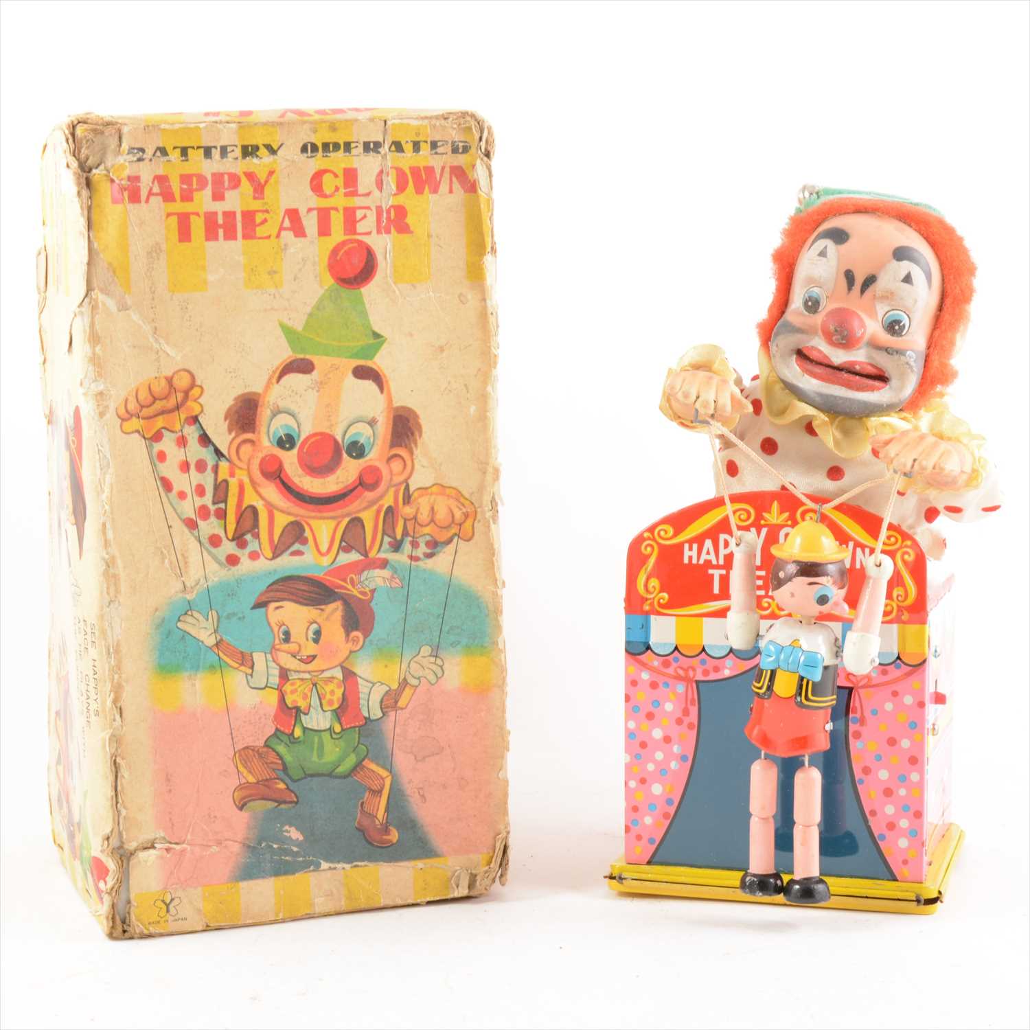 Lot 432 - Walter Kramer & Co, tin-plate battery operated Happy Clown Theatre, boxed, 25cm tall.